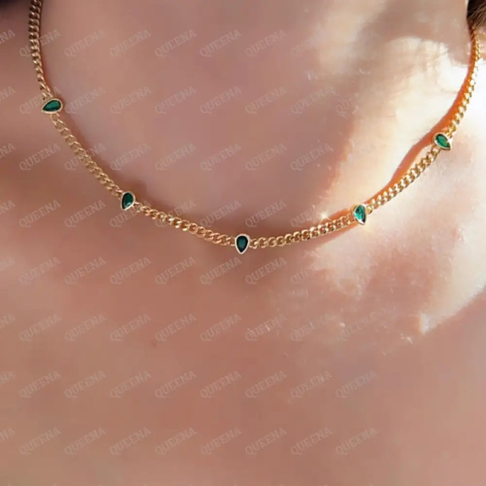 Short Gold Choker Necklace With Shiny Almond Teardrop Stones Green Necklaces