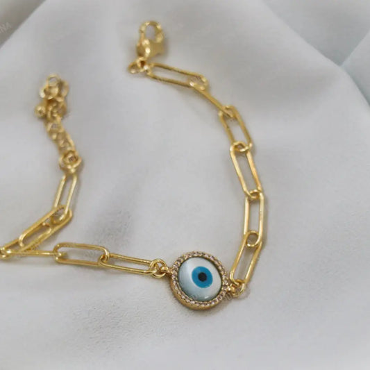 Simple Circular Blue Evil Eye Zircon Gold Chain Bracelet