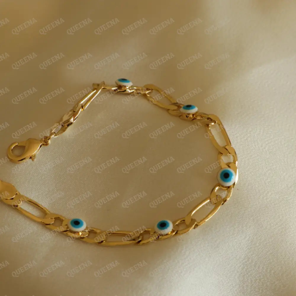 Simple Gold Chain Bracelet With Blue Evil Eye Beads