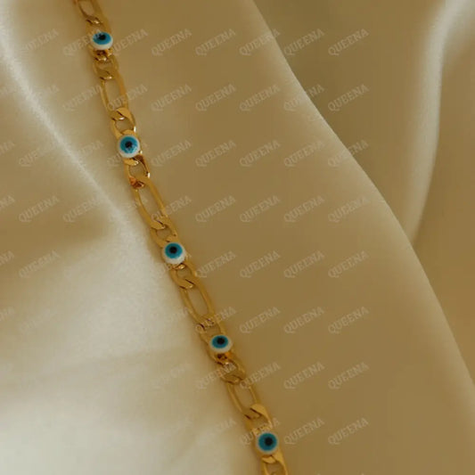 Simple Gold Chain Bracelet With Blue Evil Eye Beads