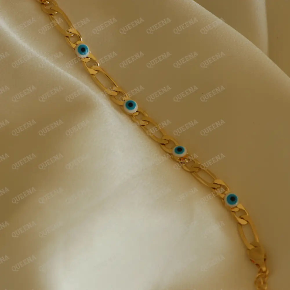 Simple Gold Chain Bracelet With Blue Evil Eye Beads