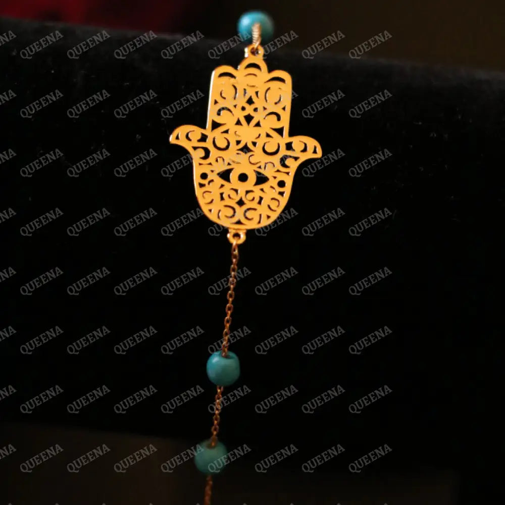 Simple Golden Hamsa Hand Bracelet with Blue Beads Bracelet