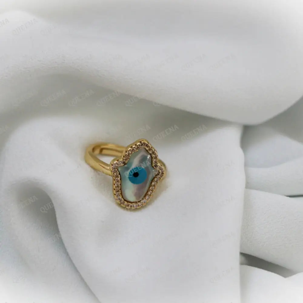 Simple Hamsa Hand With Evil Eye Zirconia Ring - Adjustable Free Size Rings