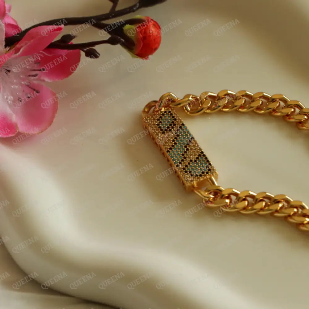 Sparkling Crystal Gold And Blue Mixed With Navy Zircon Bar Bracelet