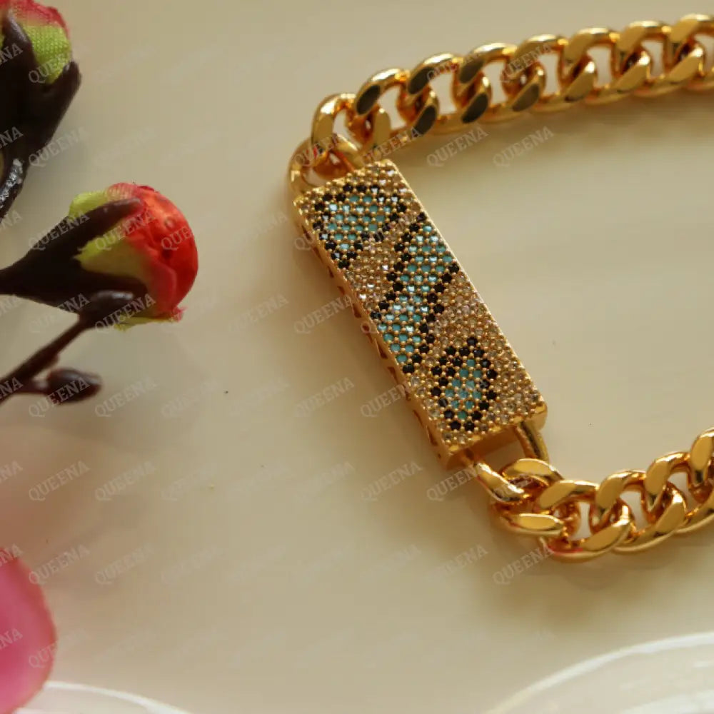 Sparkling Crystal Gold And Blue Mixed With Navy Zircon Bar Bracelet
