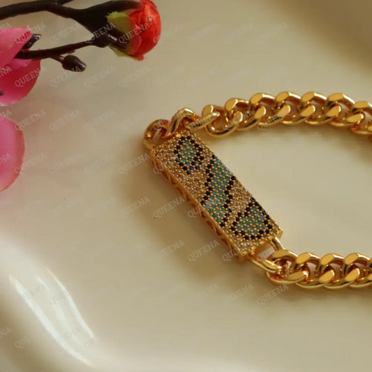 Sparkling Crystal Gold And Blue Mixed With Navy Zircon Bar Bracelet