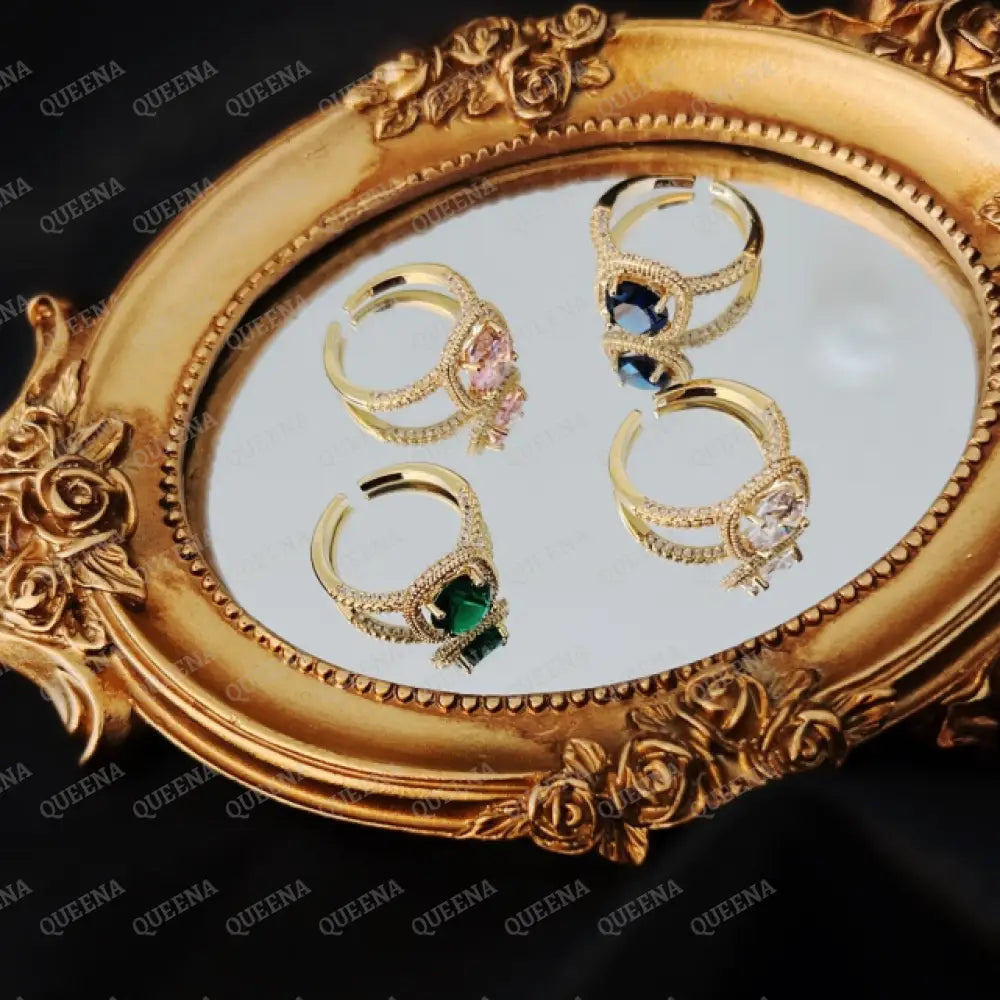 Sparkling Gold Square Cubic Zirconia Free Size Ring - Adjustable Rings