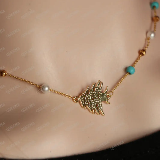 The Cedar of Lebanon Golden Necklace (أرزه لبنان) with Pearls and Blue Beads - Unique Design Bracelet