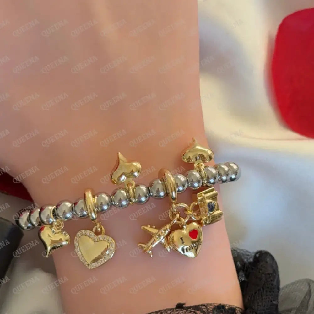 Trendy Love Hearts Charms Bracelet Gold & Silver Mix