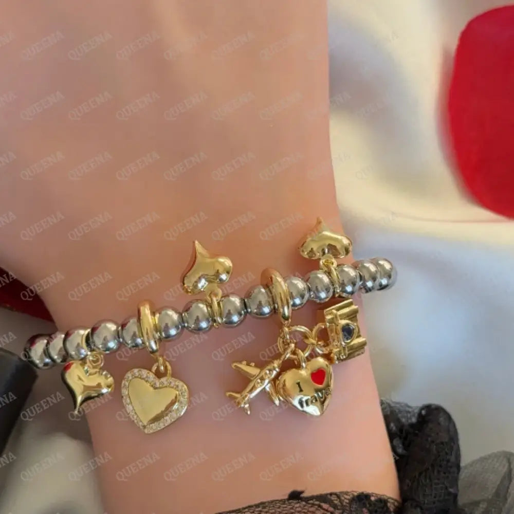 Trendy Love Hearts Charms Bracelet Gold & Silver Mix