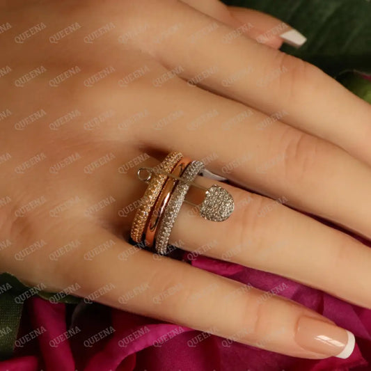 Trendy Triple Tone Hoop Safety Pin Ring Studded with Full Zircon - 925 Sterling Silver with Yellow and Rose Gold