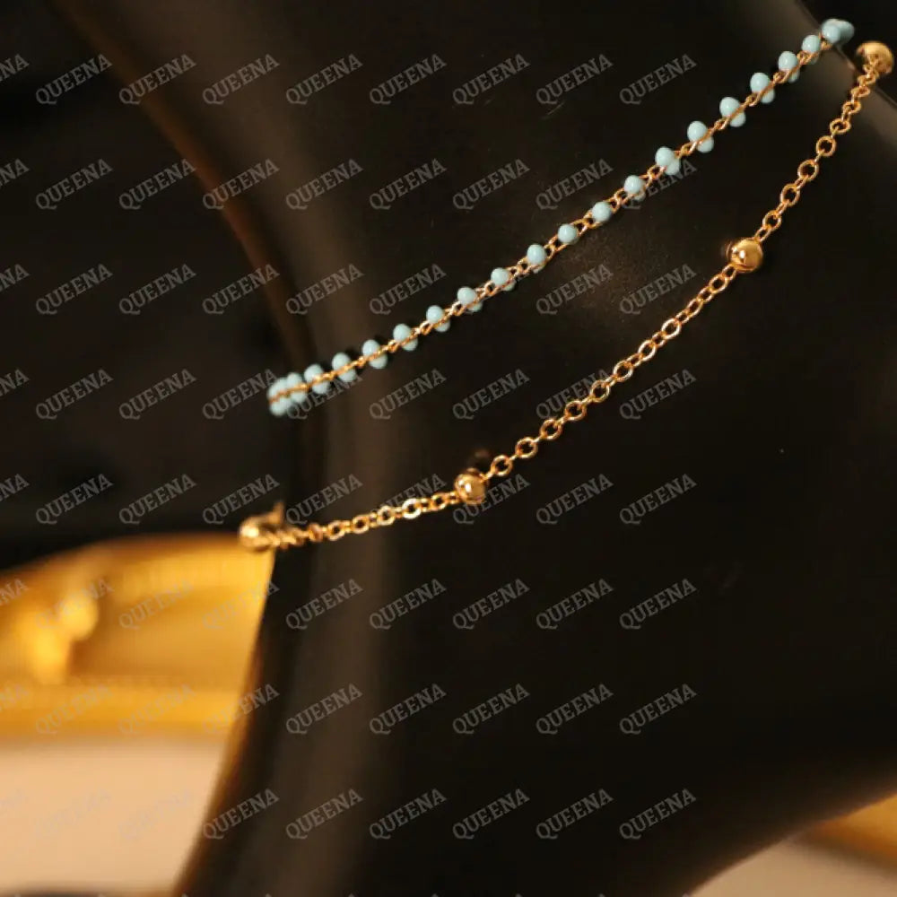 Turquoise Blue and Gold Double Layers Anklet Anklet