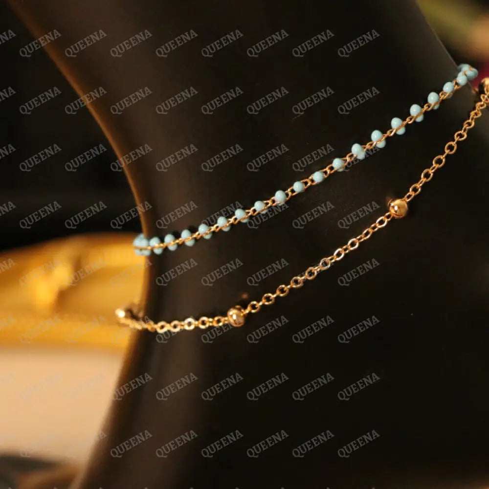 Turquoise Blue and Gold Double Layers Anklet Anklet