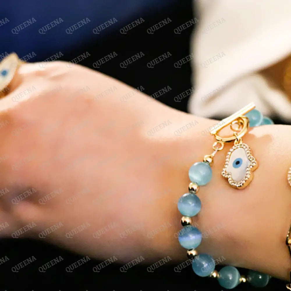 Turquoise Bluestones Beads Bracelet With Crystal Zircon Hamsa Hand Charm