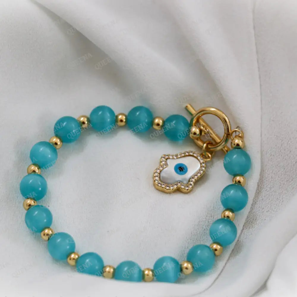 Turquoise Bluestones Beads Bracelet With Crystal Zircon Hamsa Hand Charm