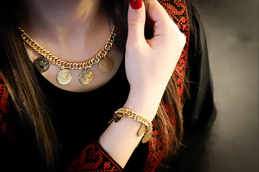 Luxury Shiny Real Gold Plated 18K Multi Lyra Coins Janzeer Chain JEWELRY SET (Necklace & Bracelet)