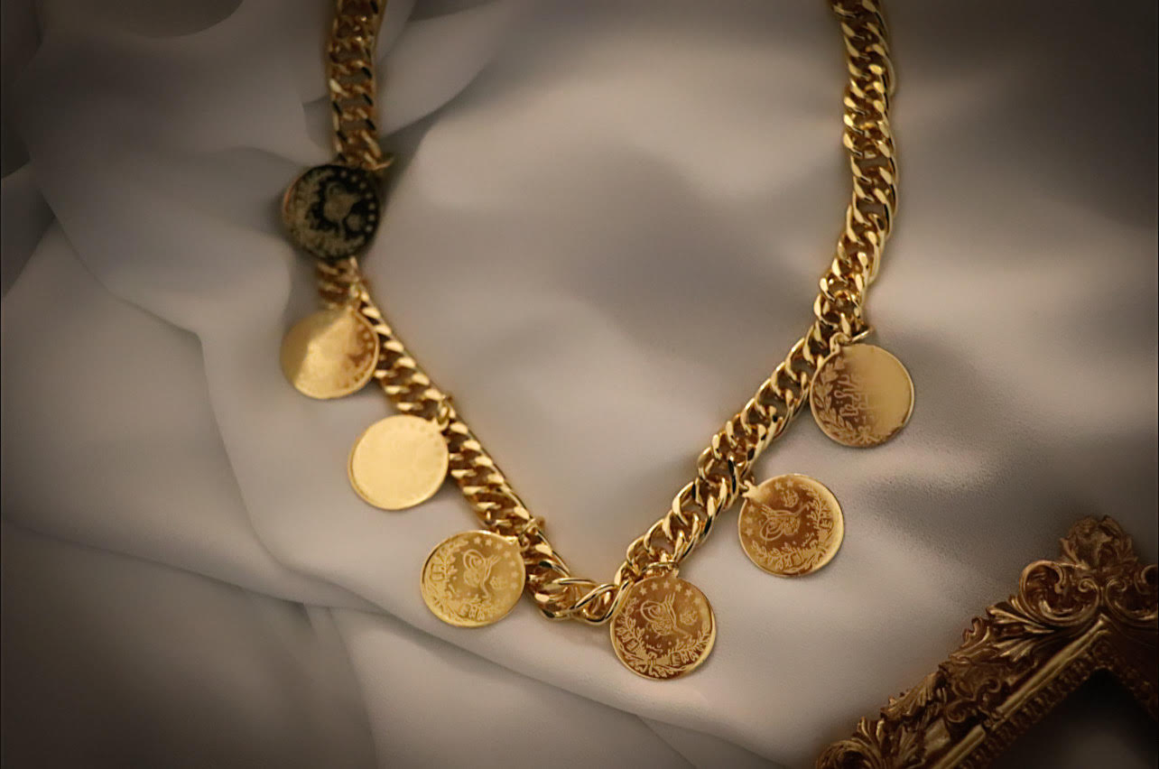 Luxury Shiny Gold Plated 18K Multi Lyra Coins Janzeer Chain Necklace