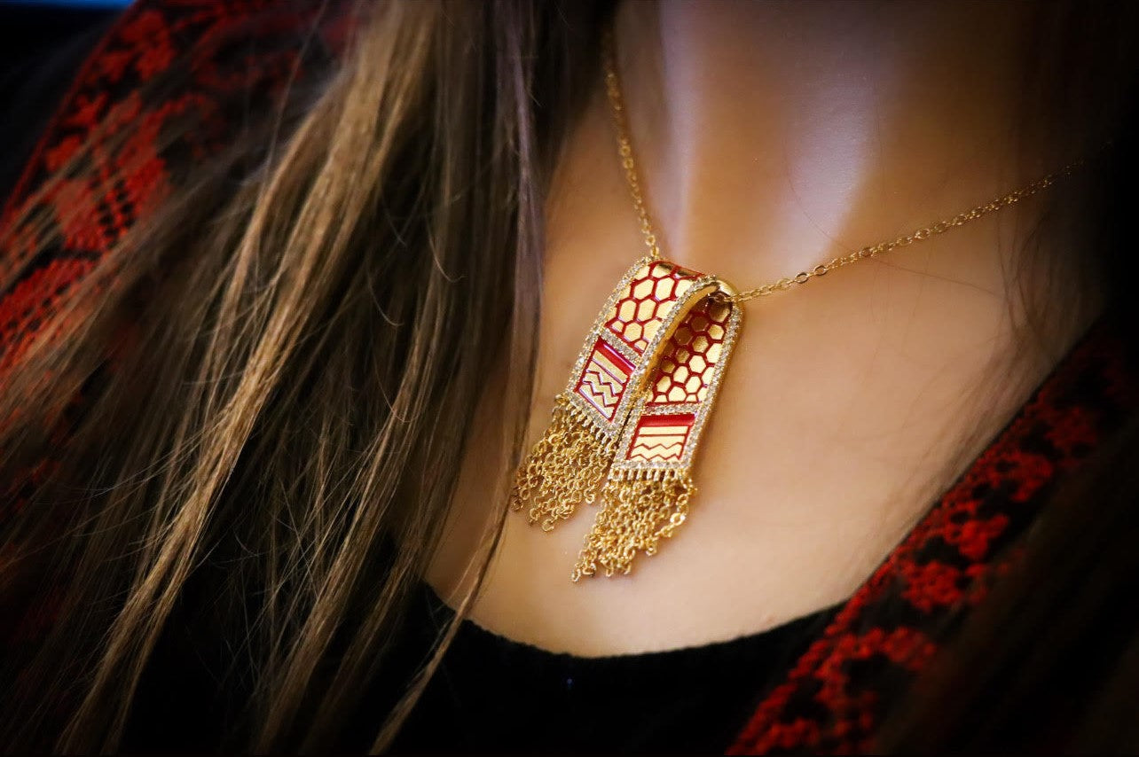 Luxury Golden Red Zircon Palestinian Keffiyeh Scarf Gold & Red Colors - Pendant Necklace