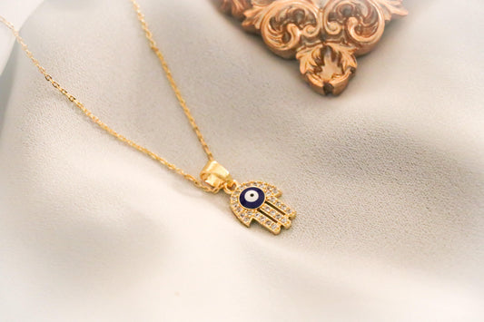 Hamsa Hand with Evil Eye Zircon Charm Necklace