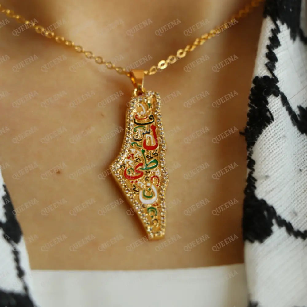 Zircon Country Map Necklace Written On It (Falasteen) Palestine Letters In Arabic Calligraphy In