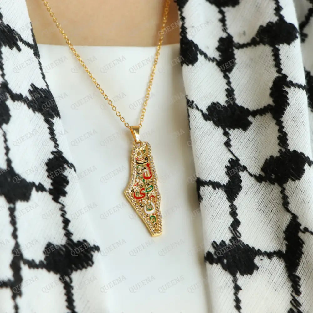 Zircon Country Map Necklace Written On It (Falasteen) Palestine Letters In Arabic Calligraphy In