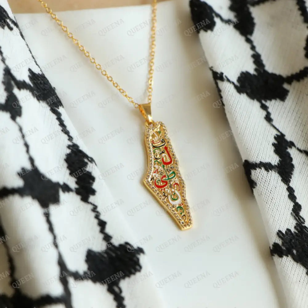 Zircon Country Map Necklace Written On It (Falasteen) Palestine Letters In Arabic Calligraphy In