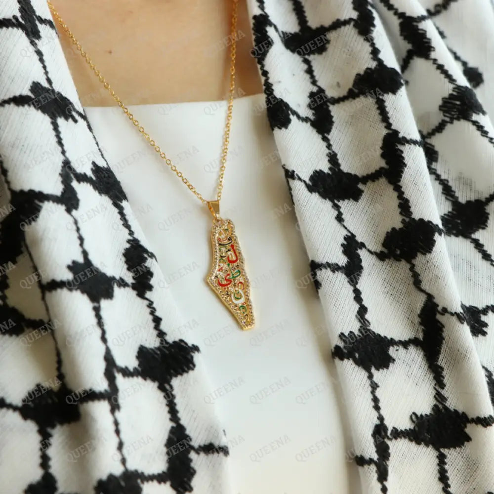 Zircon Country Map Necklace Written On It (Falasteen) Palestine Letters In Arabic Calligraphy In