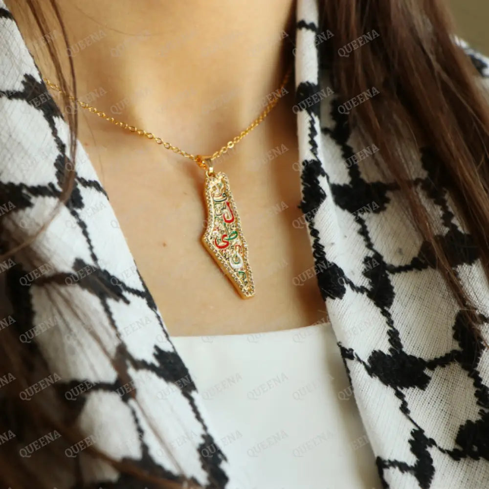 Zircon Country Map Necklace Written On It (Falasteen) Palestine Letters In Arabic Calligraphy In