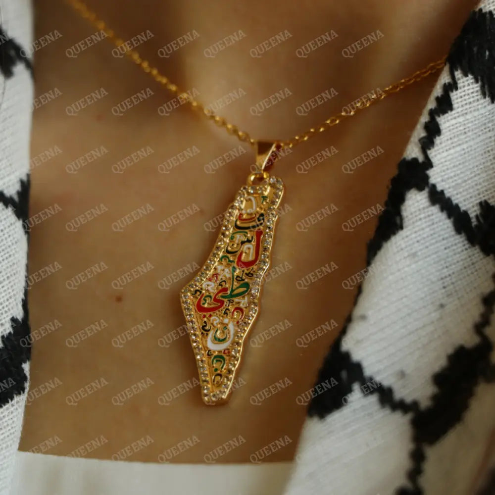 Zircon Country Map Necklace Written On It (Falasteen) Palestine Letters In Arabic Calligraphy In