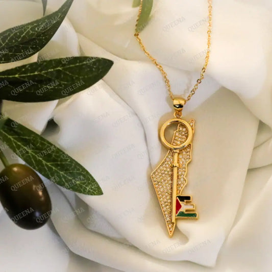 Zircon Country Map With Golden Return Key And Palestine Flag Pendant Necklace Necklaces