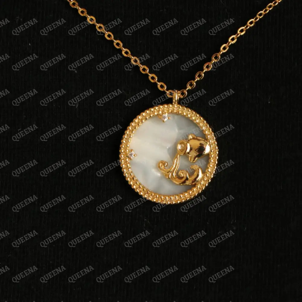Zodiac Signs Necklace Studded with Zircon on White Shell AQUARIUS الدلو Necklaces