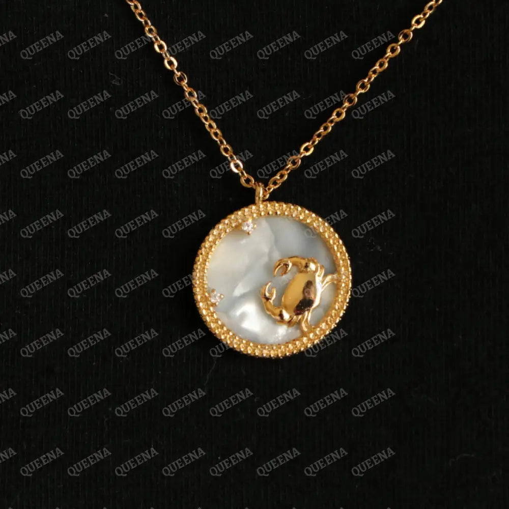 Zodiac Signs Necklace Studded with Zircon on White Shell CANCER السرطان Necklaces