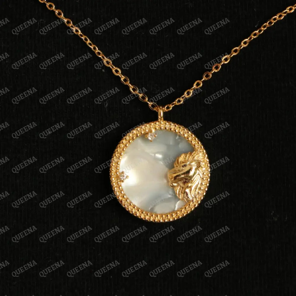 Zodiac Signs Necklace Studded with Zircon on White Shell LEO الاسد Necklaces