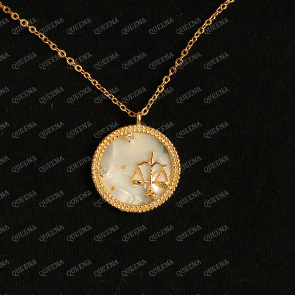 Zodiac Signs Necklace Studded with Zircon on White Shell LIBRA الميزان Necklaces