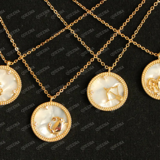 Zodiac Signs Necklace Studded with Zircon on White Shell Necklaces